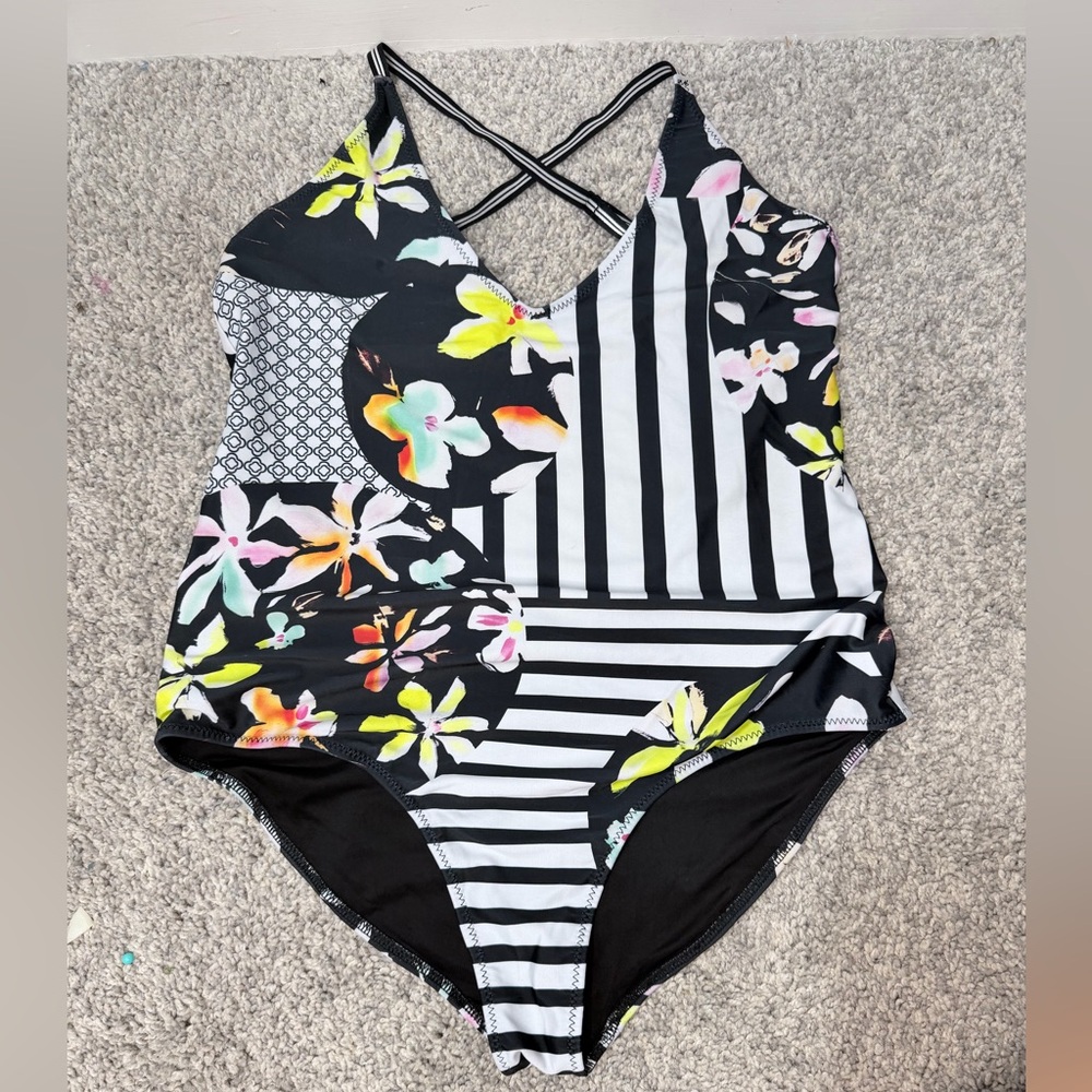 Clover Canyon Black & White Floral Stripe One-Piece